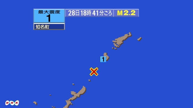 18時14分ごろ、Ｍ２．２　沖縄本島近海 北緯27.3度　東経1