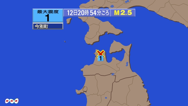20時54分ごろ、Ｍ２．５　青森県津軽北部 北緯41.1度　東経