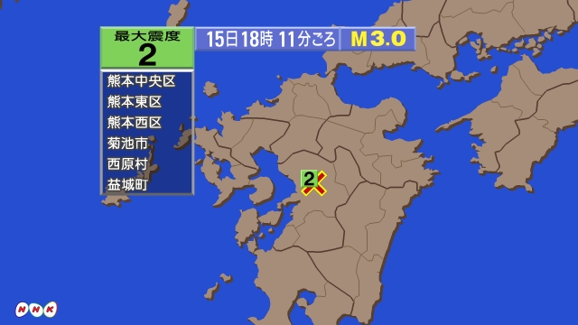 18時11分ごろ、Ｍ３．０　熊本県熊本地方 北緯32.8度　東経