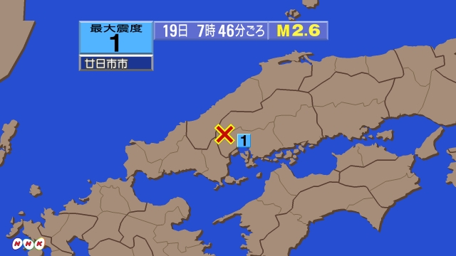 7時46分ごろ、Ｍ２．６　広島県北部 北緯34.5度　東経132