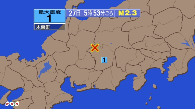 5時53分ごろ、Ｍ２．３　長野県南部 北緯35.9度　東経137