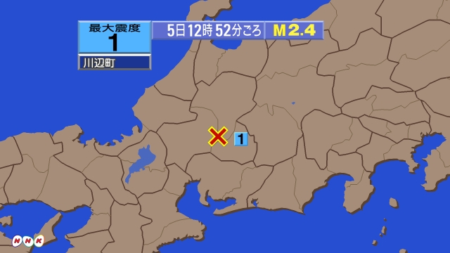 12時52分ごろ、Ｍ２．４　岐阜県美濃東部 北緯35.6度　東経