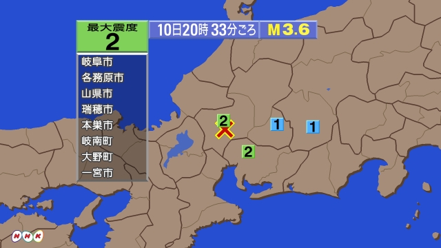 20時33分ごろ、Ｍ３．６　岐阜県美濃中西部 北緯35.5度　東