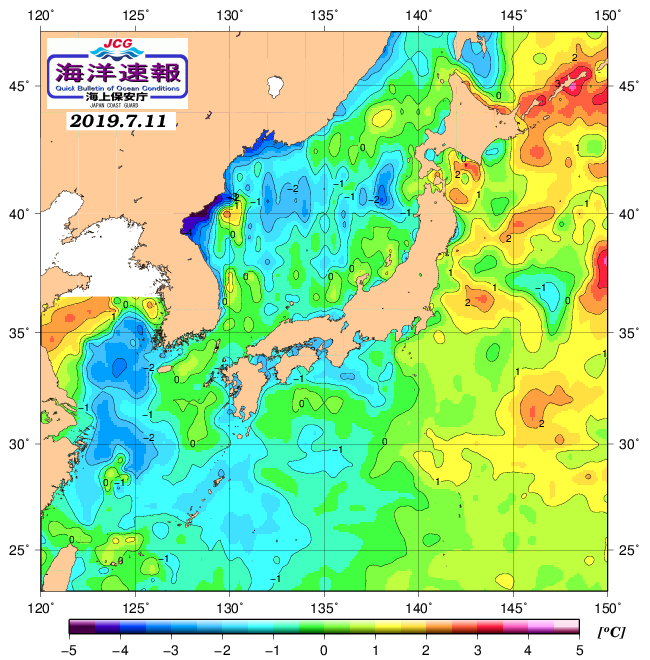 ７月１１日の、海水表面温度（平年比）、 https://www1