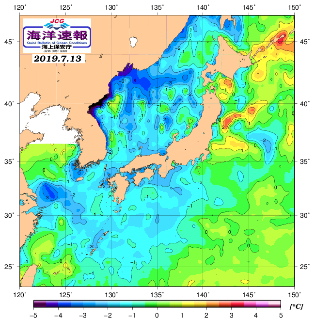 ７月１３日の、海水表面温度（平年比）、 https://www1