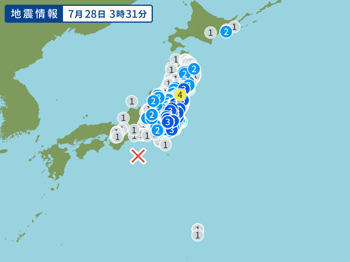 3時31分ごろ、Ｍ６．５　三重県南東沖 北緯33.0度　東経13