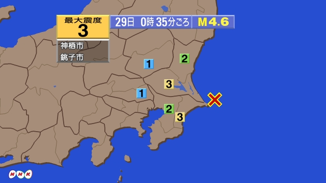 0時35分ごろ、Ｍ４．６　千葉県東方沖 北緯35.8度　東経14