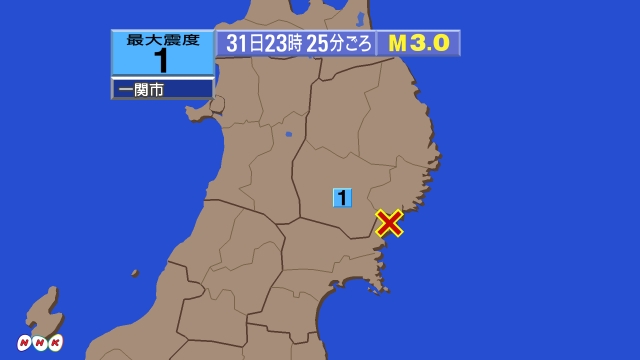 23時25分ごろ、Ｍ３．０　宮城県北部 北緯38.9℃　東経14