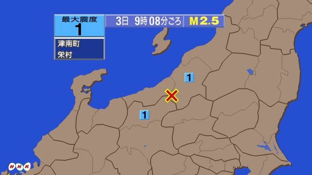 9時8分ごろ、Ｍ２．５　新潟県中越地方 北緯37.0度　東経13