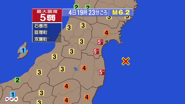 19時23分ごろ、Ｍ６．２　福島県沖 北緯37.7度　東経141
