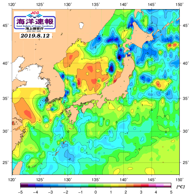 ８月１２日に、海水表面温度（平年比）、 https://www1