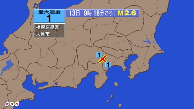 9時18分ごろ、Ｍ２．６　山梨県東部・富士五湖 北緯35.5度　