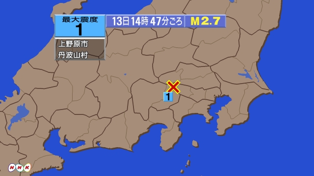 14時47分ごろ、Ｍ２．７　東京都多摩西部 北緯35.8℃　東経