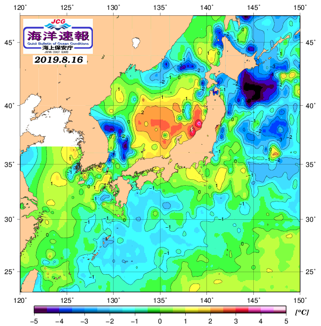 ８月１６日の、海水表面温度（平年比）、 https://www1