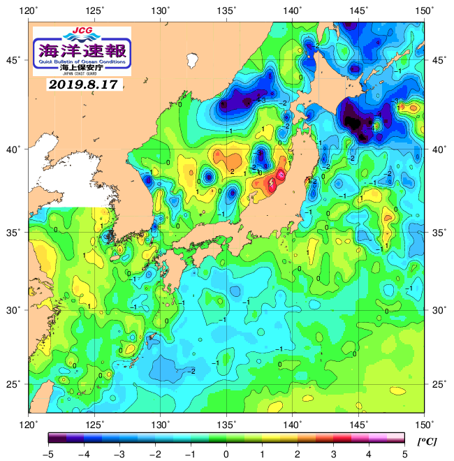 ８月１７日の、海水表面温度（平年比）、 https://www1