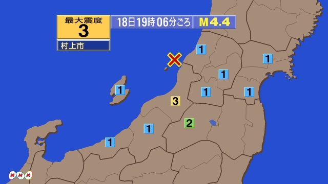 19時6分ごろ、Ｍ４．４　新潟県下越沖 北緯38.6度　東経13