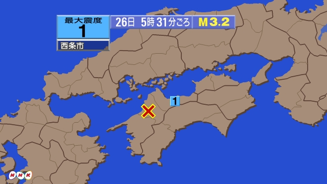 5時31分ごろ、Ｍ３．２　愛媛県中予 北緯33.7度　東経132