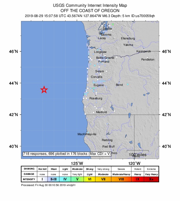 ＵＳＧＳ、0時7分58秒　Ｍ６．３　オレゴン州沿岸沖 北緯43.