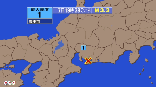 19時38分ごろ、Ｍ３．３　三河湾 北緯34.7度　東経137.