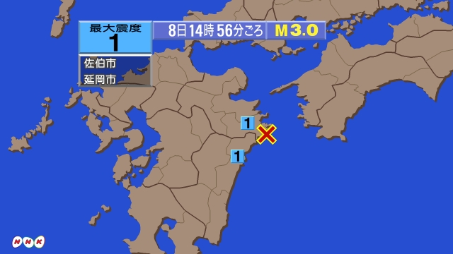 14時56分ごろ、Ｍ３．０　日向灘 北緯32.8度　東経132.