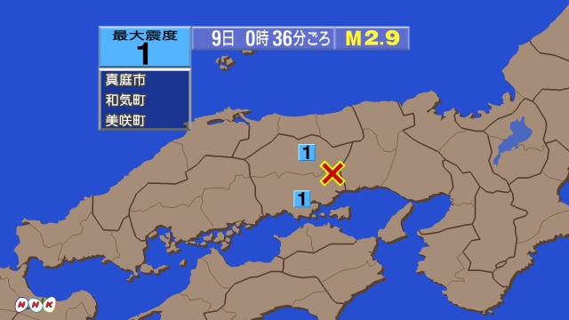 0時36分ごろ、Ｍ２．９　岡山県南部 北緯34.9度　東経134