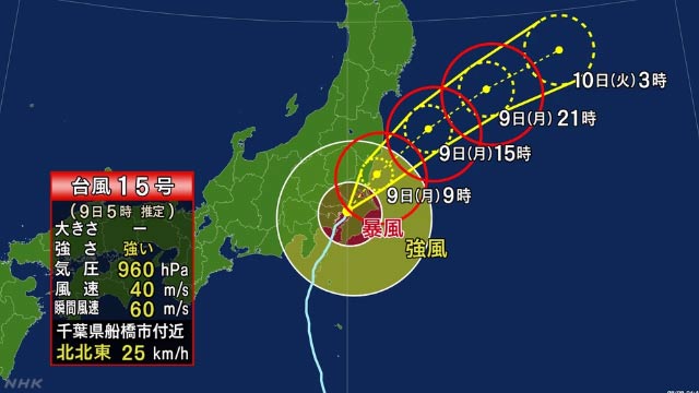 台風１５号は5時前に千葉市付近に上陸、９６０ヘクトパスカル・最大