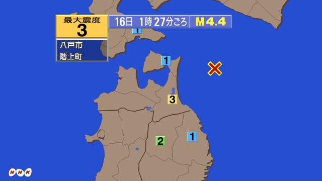 1時27分ごろ、Ｍ４．４　青森県東方沖 北緯41.2度　東経14