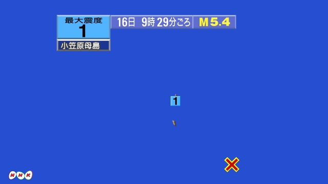 9時29分ごろ、Ｍ５．４　硫黄島近海 北緯25.9度　東経143