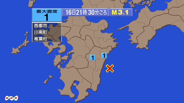 21時30分ごろ、Ｍ３．１　日向灘 北緯32.1度　東経131.