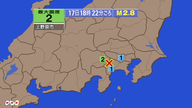 18時22分ごろ、Ｍ２．８　神奈川県西部 北緯35.5度　東経1