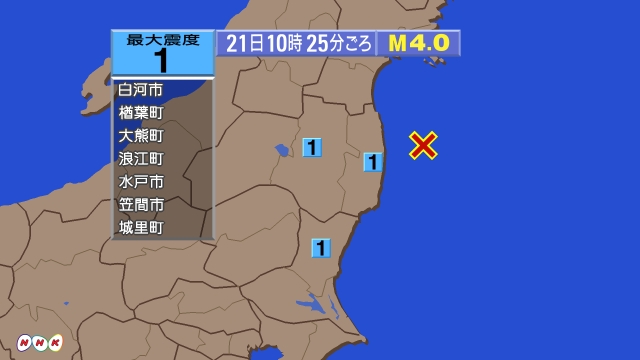 10時25分ごろ、Ｍ４．０　福島県沖 北緯37.5度　東経141
