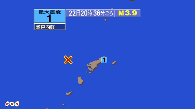 20時36分ごろ、Ｍ３．９　トカラ列島近海 北緯28.4度　東経