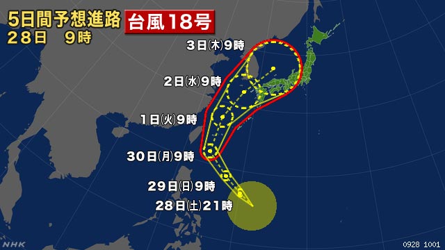 ９時、フィリピンの東の海上で熱帯低気圧が発達して台風１８号が発生