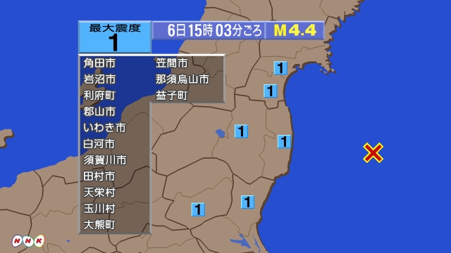 15時3分ごろ、Ｍ４．４　福島県沖 北緯37.2度　東経142.