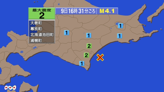 16時31分ごろ、Ｍ４．１　十勝沖 北緯42.4度　東経143.