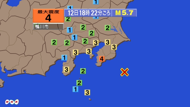 18時22分ごろ、Ｍ５．７　千葉県南東沖 北緯34.7度　東経1