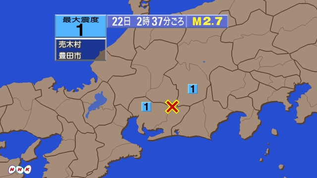2時37分ごろ、Ｍ２．７　愛知県西部 北緯35.2度　東経137