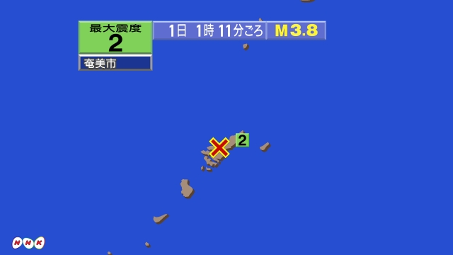 1時11分ごろ、Ｍ３．８　奄美大島近海 北緯28.3度　東経12