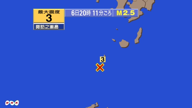 20時10分ごろ、Ｍ２．４　トカラ列島近海 北緯29.7度　東経