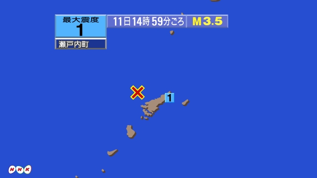 14時59分ごろ、Ｍ３．５　奄美大島近海 北緯28.5度　東経1