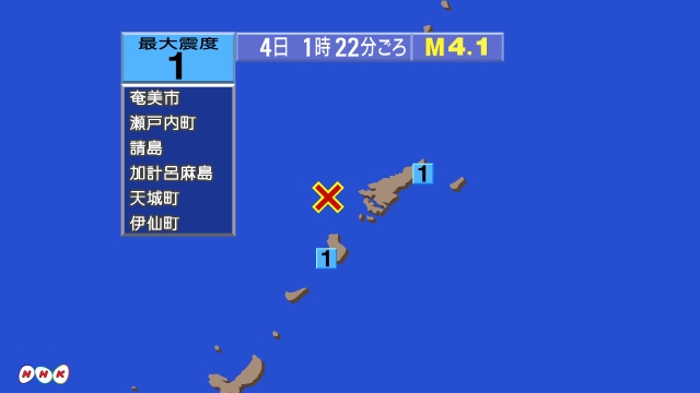 1時22分ごろ、Ｍ４，１　奄美渡島近海 北緯28.2度　東経12