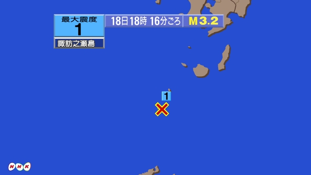 16時26分ごろ、Ｍ２．９　トカラ列島近海 北緯29.6度　東経