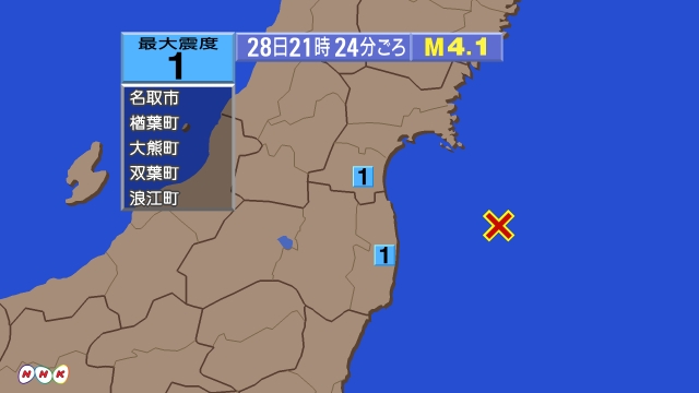 21時24分ごろ、Ｍ４．１　福島県沖 北緯37.6度　東経141