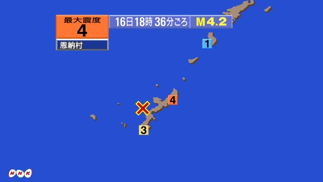 18時36分ごろ、Ｍ４．２　沖縄本島近海 北緯26.5度　東経1