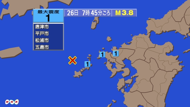 7時45分ごろ、Ｍ３．８　五島列島近海 北緯３３．１度　東経１２