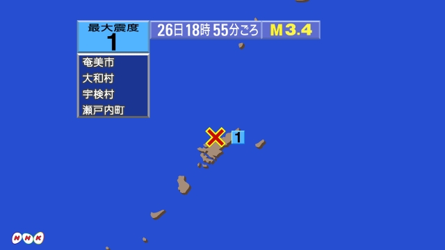 18時55分ごろ、Ｍ３．４　奄美大島近海 北緯28.4度　東経1