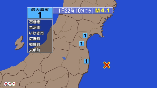 22時10分ごろ、Ｍ４．１　福島県沖 北緯37.2度　東経141