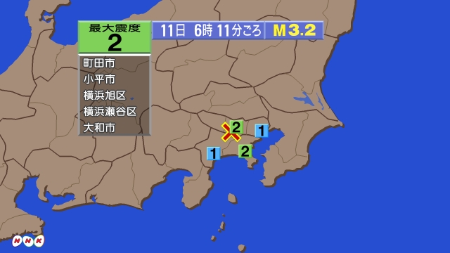 6時11分ごろ、Ｍ３．２　東京都多摩東部 北緯35.6度　東経1