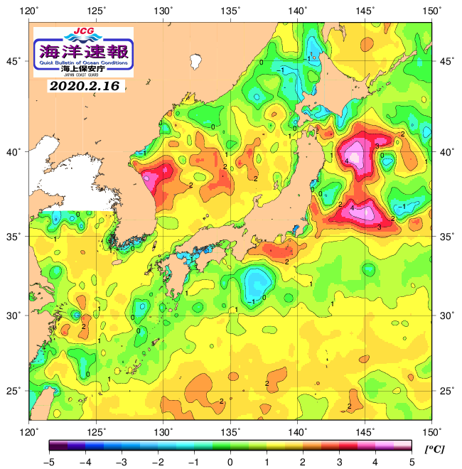 ２月１６日の、海水表面温度（平年比）、 https://www1