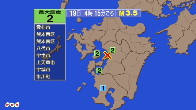 4時15分ごろ、Ｍ３．５　熊本県熊本地方 北緯32.7度　東経1